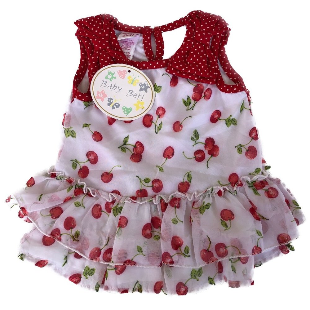 Baby Beri Dress White/Cherry Print Bows Sleeveless Red/White Sz 6-9 Mo